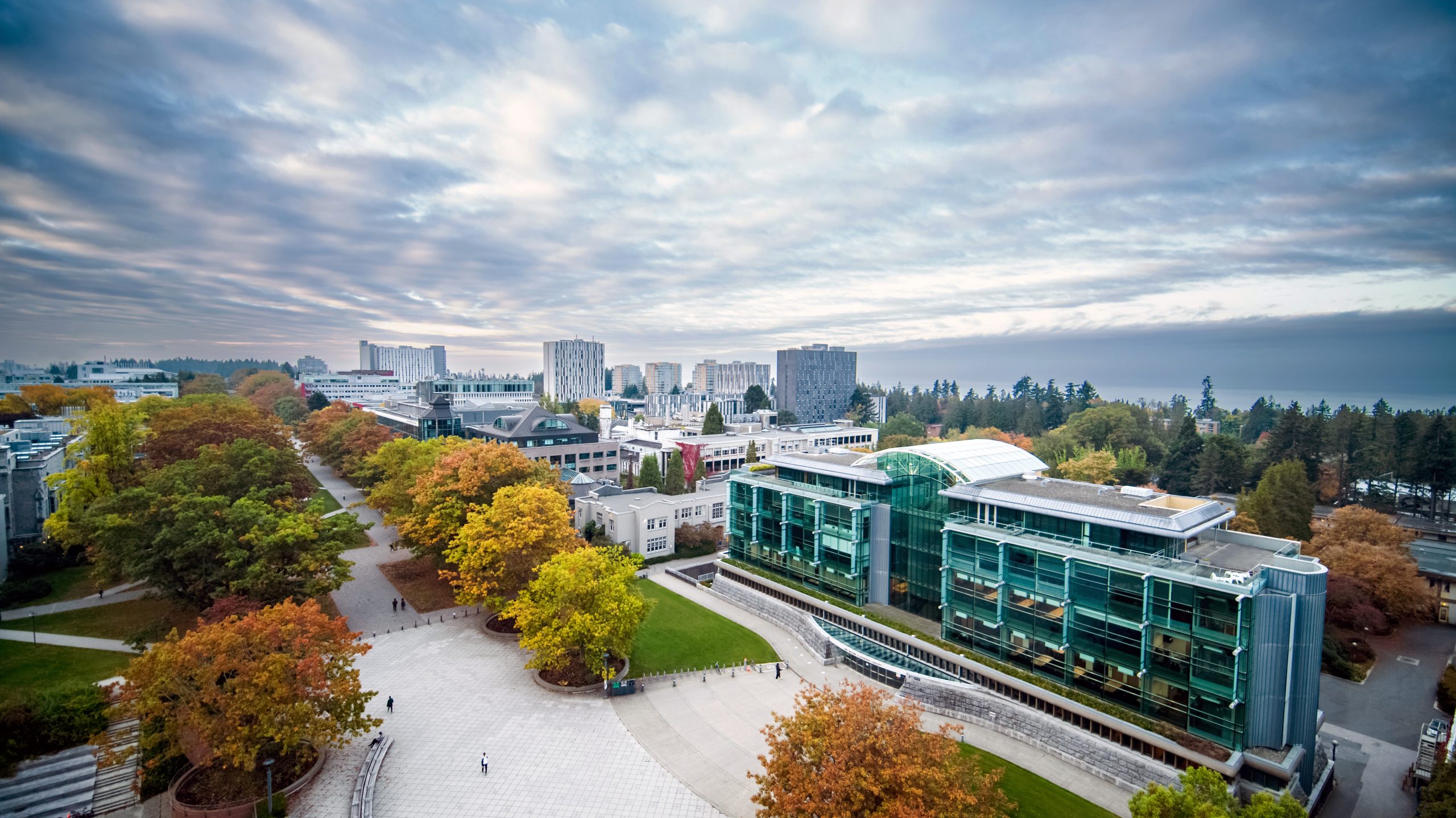 Aerial view of campus during autumn. Many trees with fall colours and a glass building in the foreground under an overcast sky.ding